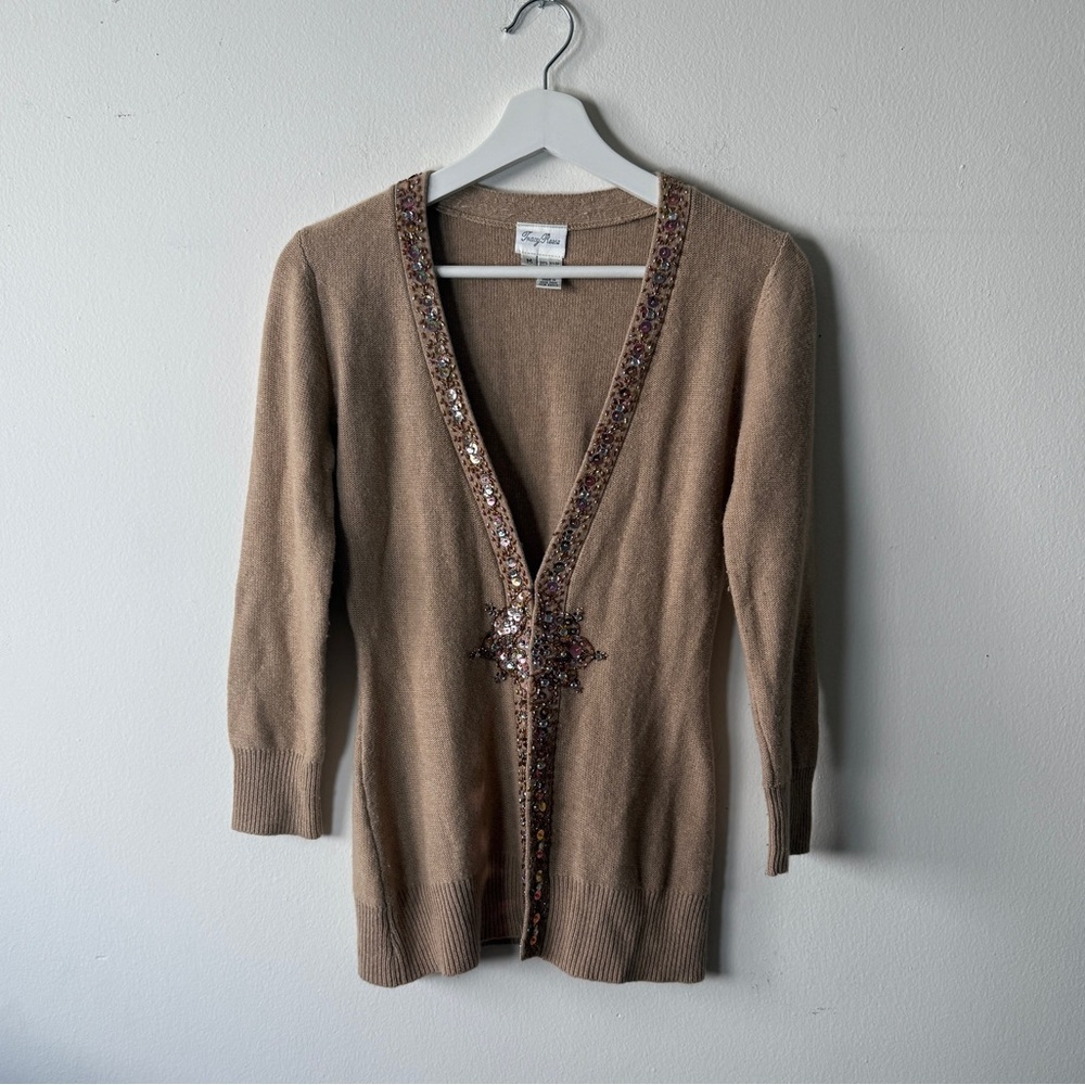 Tracy Reese Tan Bejeweled Cardigan Sweater - Medium